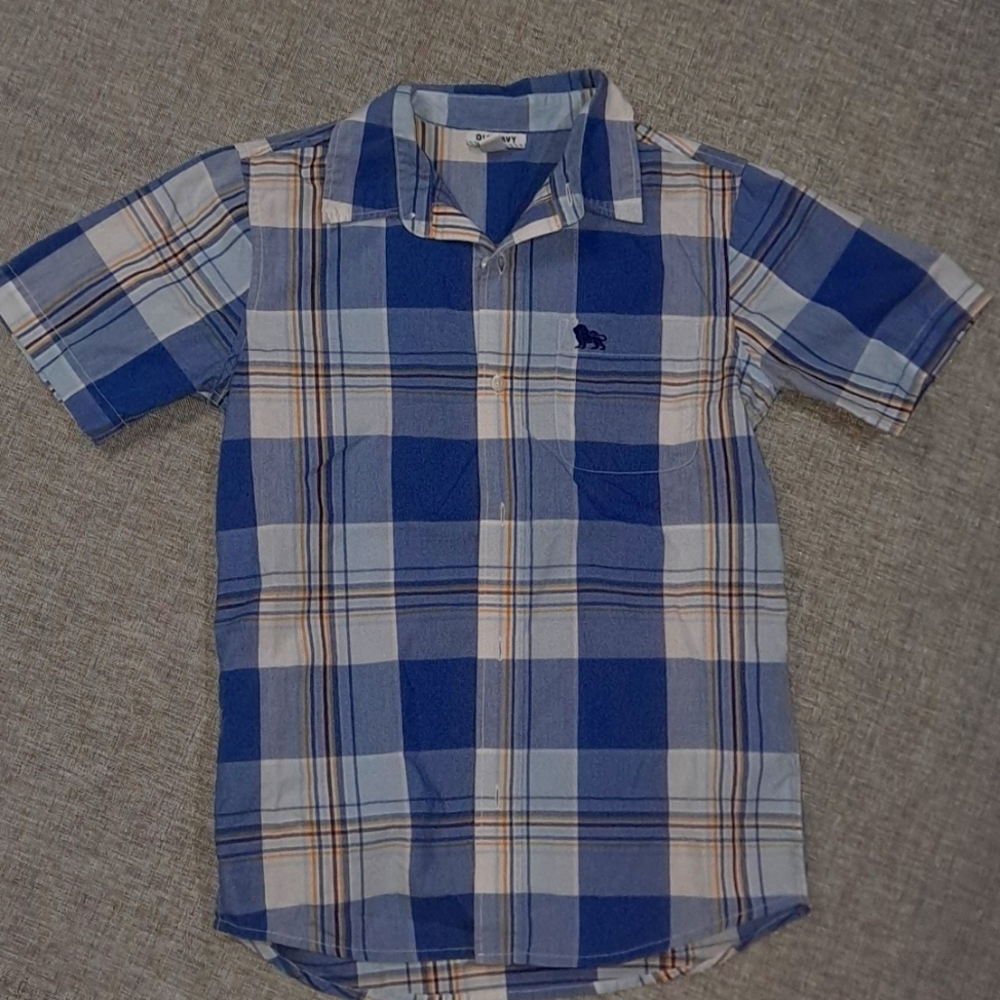 Old Navy Blue White and Gold Plaid Boys Button Down Short Sleeve YLG